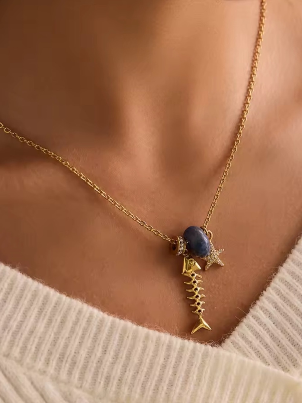 Coastal Dream Gold Fishbone Navy Stone & Star Charm Necklace